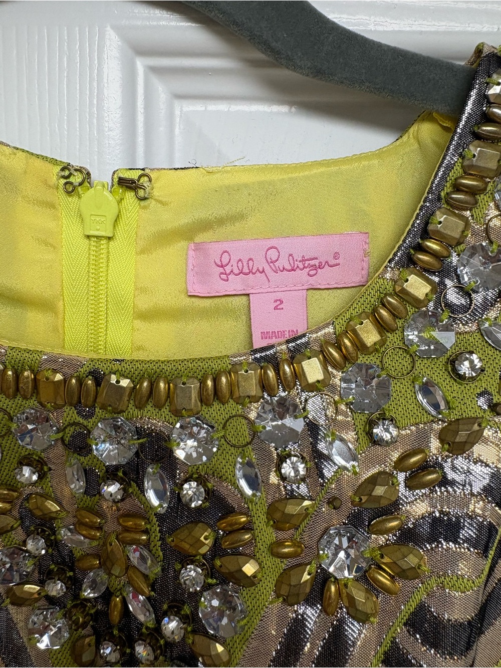 Lilly Pulitzer Embellished Yellow Party Dress Size 2 with gem neckline